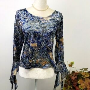 Zoey Beth Crushed Velvet Paisley Boho Top Bell Slv